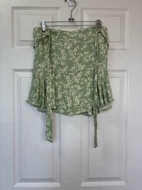 Urban Romantics Green Floral Skort Womens Large Tie Waist Elastic Back Cottage